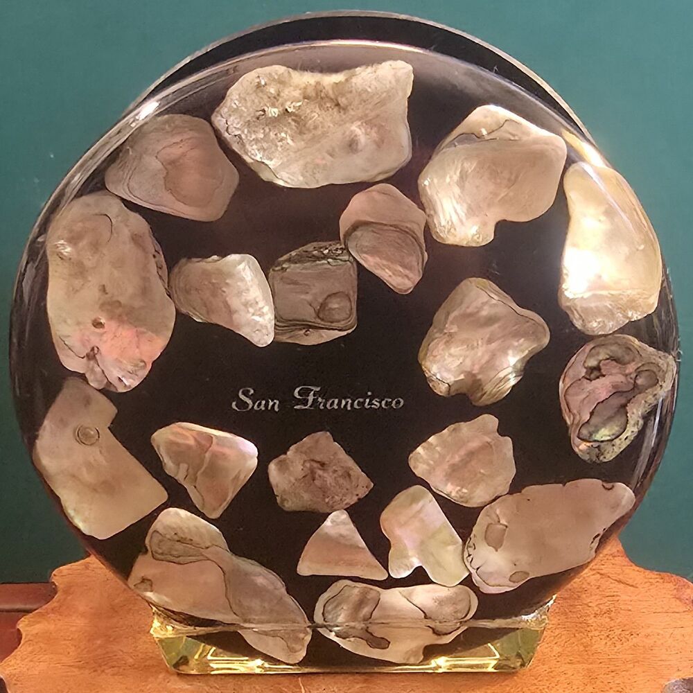 1974 Lucite Acrylic Abalone Seashell Napkin Letter Holder San Francisco Souvenir